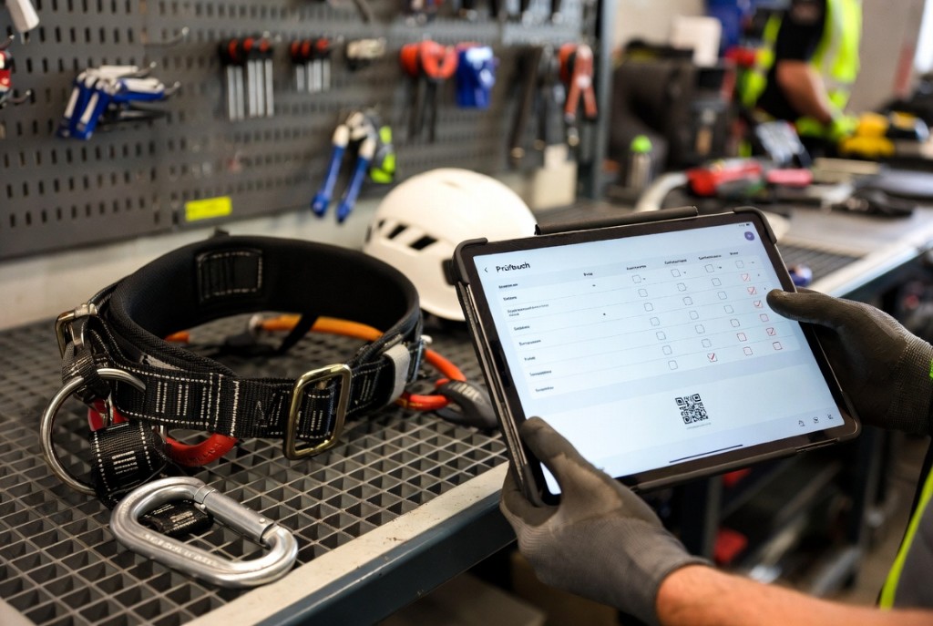 Auffanggurt, Verbindungsmittel und Helm auf der Werkbank; eine befähigte Person dokumentiert die interne PSAgA-Prüfung digital auf einem Tablet.