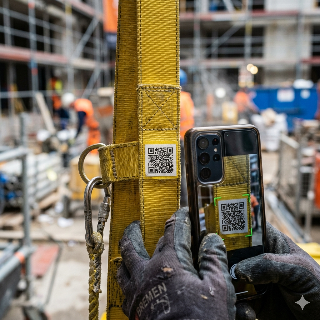Arbeitshandschuhe halten ein Smartphone; Kamera-App erfasst den QR-Code auf einem gelben Auffanggurt, Baustelle unscharf im Hintergrund.