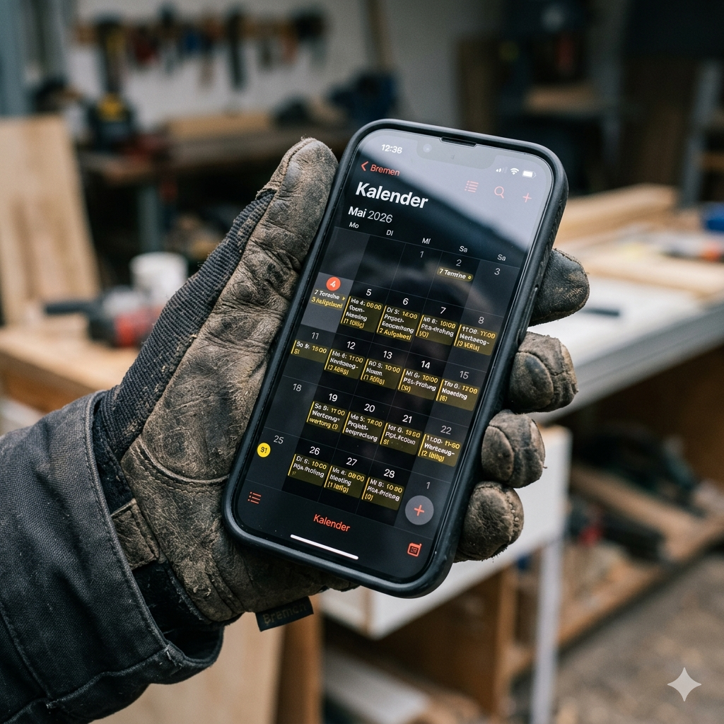 Arbeitshandschuh hält ein Smartphone mit Kalenderansicht und geplanten PSA-Terminen.